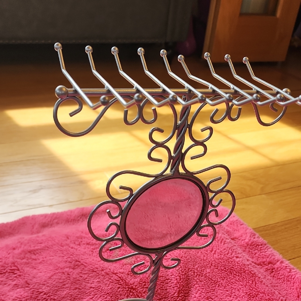 Ornate Metal Jewelry Stand with Mirror -Silvertone - Picture 5 of 7